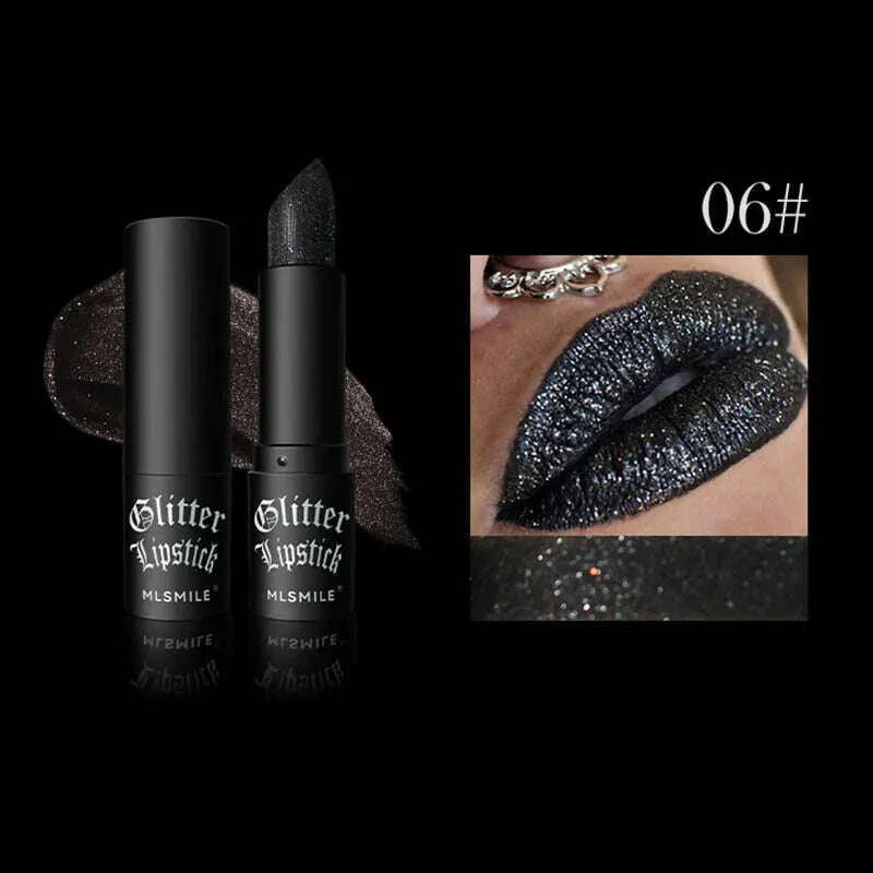 6Colors Glitter Lipstick Waterproof Long Lasting Diamond Pearlescent Metallic Lipstick Black Lipgloss Women Lips Makeup Cosmetic