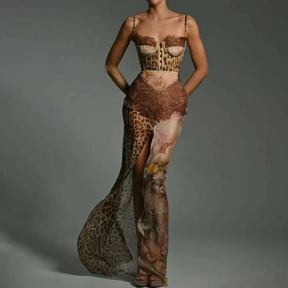 Summer Beach Leopard Print Dress Sexy Lace Split Patchwork Chiffon Dresses Women Elegant Sleeveless Backless Beach Evening Gowns