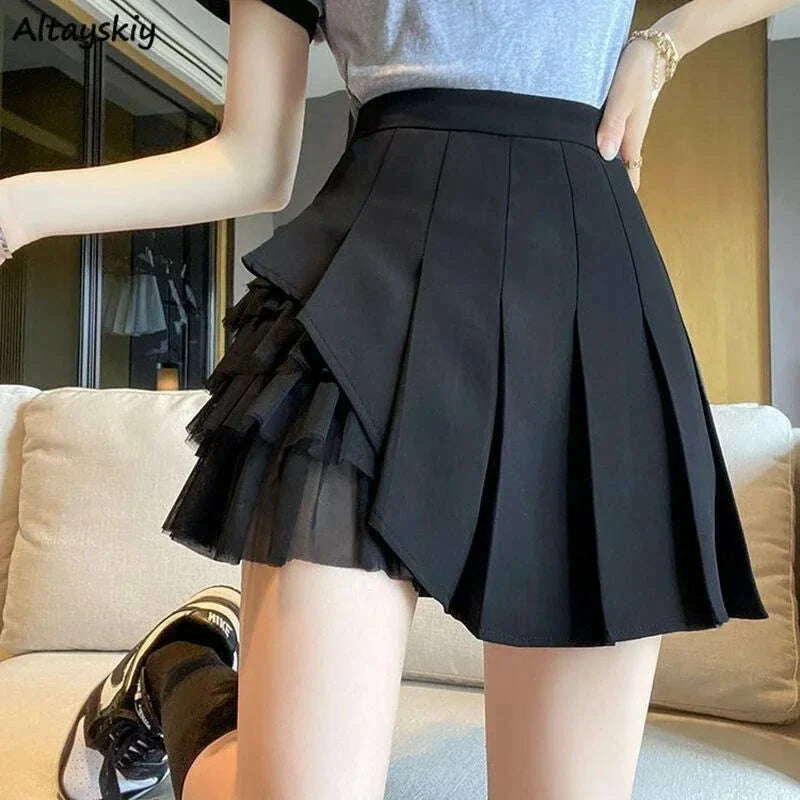 Pleated Skirts Women Chic Summer Party All-match Schoolgirls Clothing Vintage Slim Simple Pure Faldas Ulzzang Y2k Mesh Design
