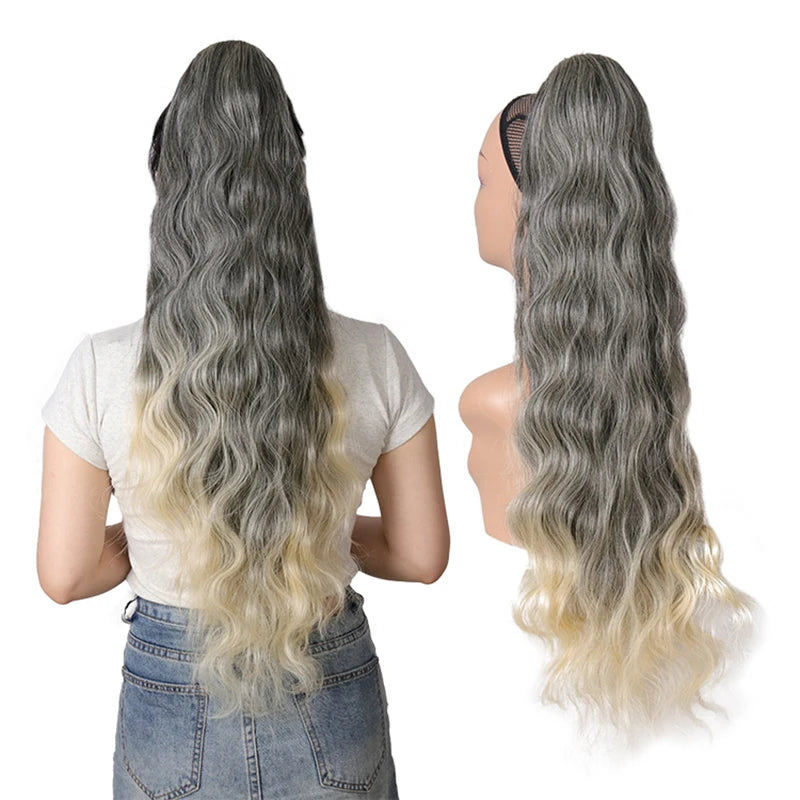 Julianna Synthetic Kanekalon Black Drawstring Water Wave Ponytail Extension Female Curly Wavy Clip In Ponytail Hair Extension