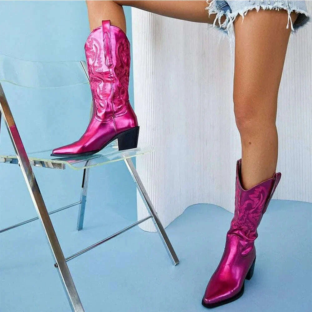 GIGIFOX Embroidered Women Mid-Calf Western Boots Block High Heel Pointed Toe Pull-On Shoes All-Match StreetSnap Cowgirl Boots