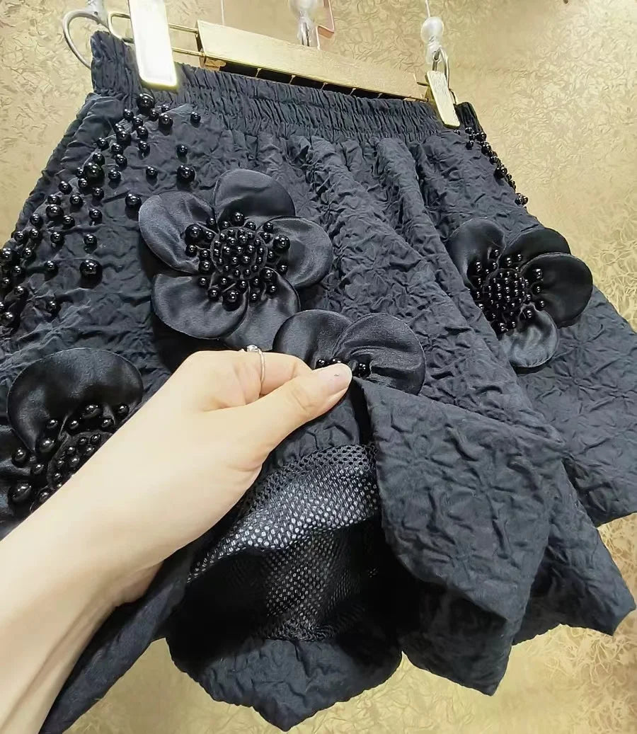 2024 Summer Pearls Beaded Flower Stitch Pantalones Cortos Black Wide Leg Shorts Women's Short Pants Elastic Waist Short Trousers