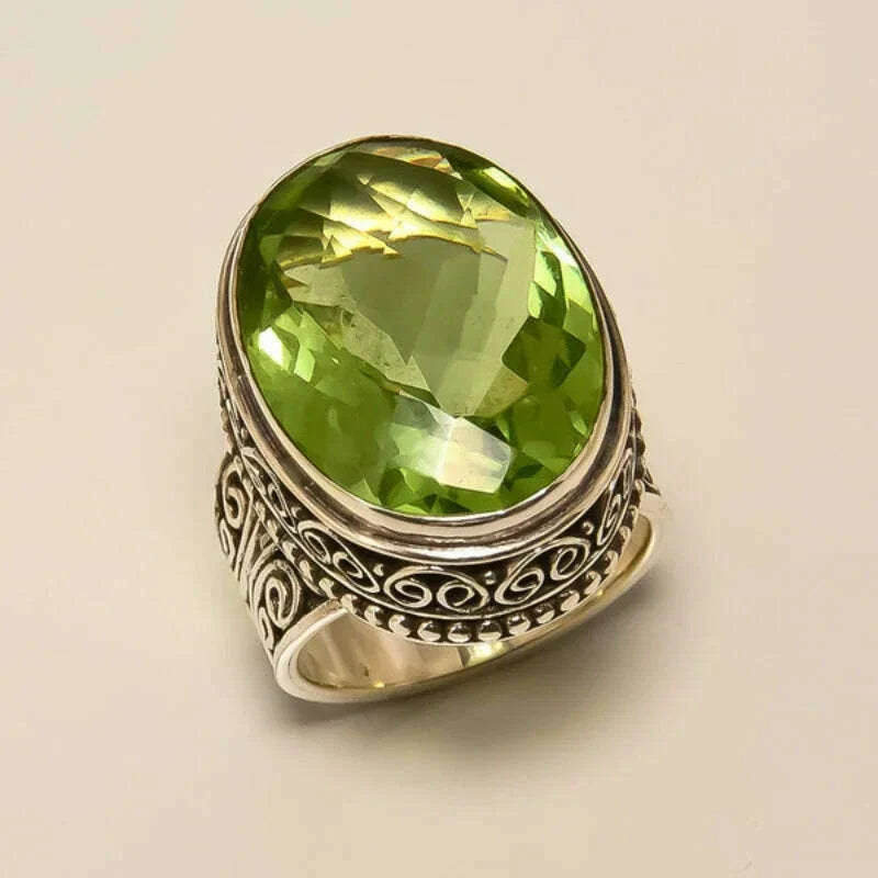 Vintage Peridot Green Zircon Rings for Women Carved Flower Pattern Ring Fashion Creative Design Handmade Wedding Party Jewelry