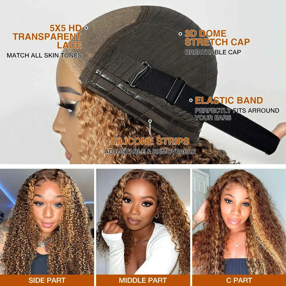 Deep Wave Honey Blonde Glueless Wigs 100% Human Hair Pre Cut Highlight Wear and Go Curly Wigs for Women Ombre HD Lace Front Wig