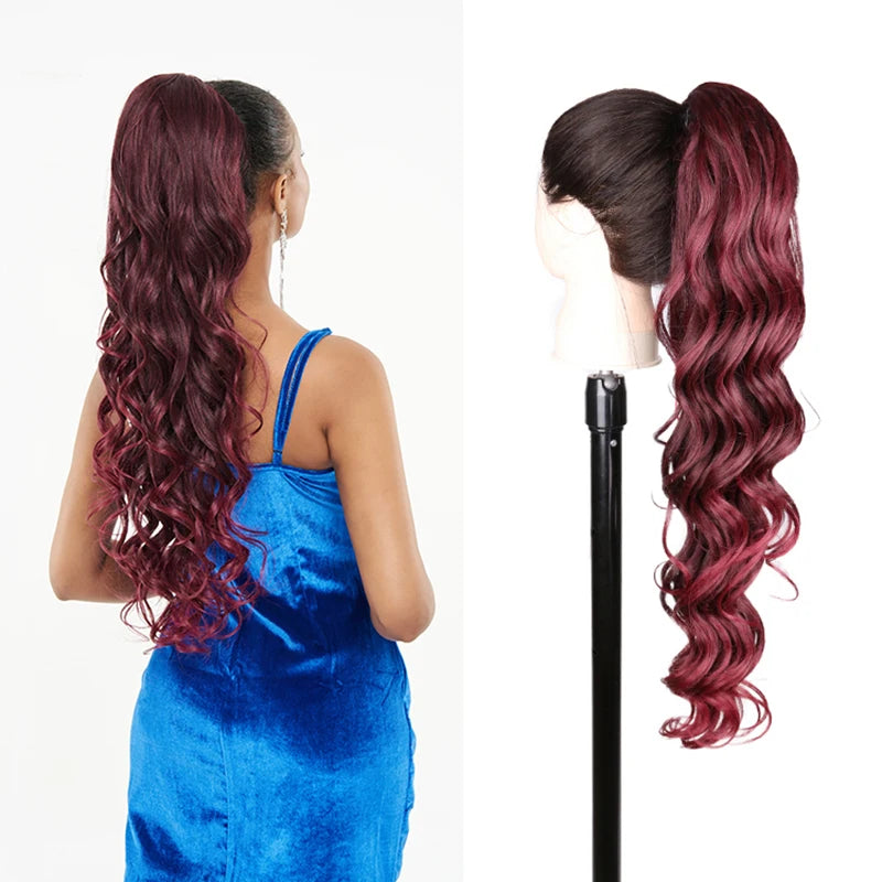 Julianna Synthetic Kanekalon Black Drawstring Water Wave Ponytail Extension Female Curly Wavy Clip In Ponytail Hair Extension