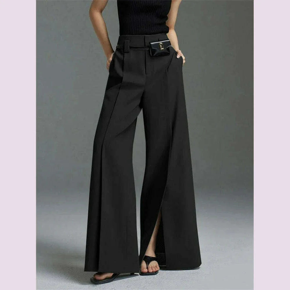 Yeezzi Urban Female Suit Pants 2024 New Fashion Black White Color Loose Straight Pant High-Waisted Pleated Split-Front Trousers