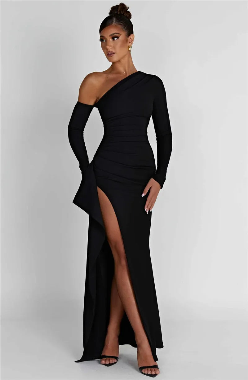 Mozision Oblique Shoulder Thigh High Split Maxi Dress Women Long Sleeve Backless Bodycon Sexy Club Party Long Dress Vestidos