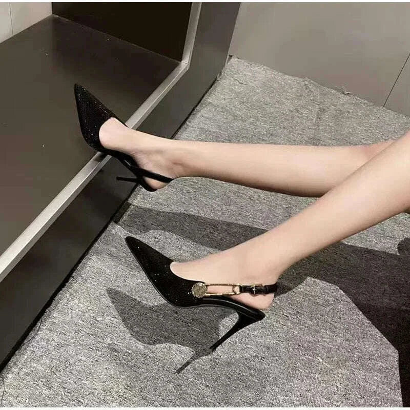 Spring Summer Fashion Shoes Luxury Rhinestones Sequined Buckle Women Pumps Elegant Pointed toe Slingbacks Stiletto High heels