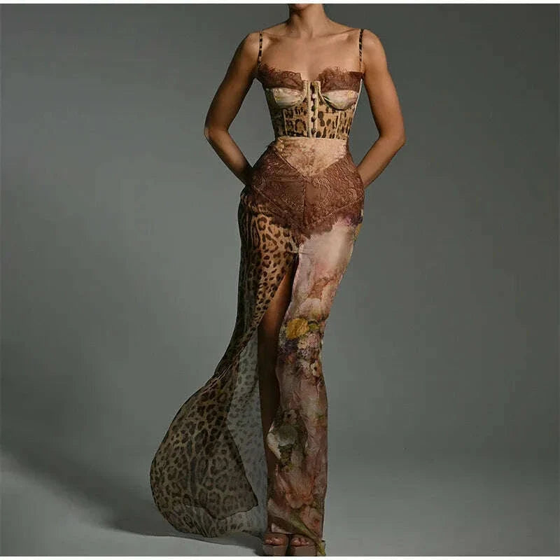 Summer Beach Leopard Print Dress Sexy Lace Split Patchwork Chiffon Dresses Women Elegant Sleeveless Backless Beach Evening Gowns