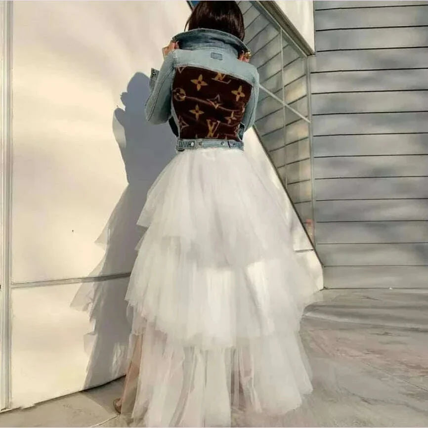 Women Tulle Petticoat Tiered High Low Elastic Waist Tutu Skirts Puffy Long Soft Net Gown Underskirt Prom Maxi Skirt Free Size