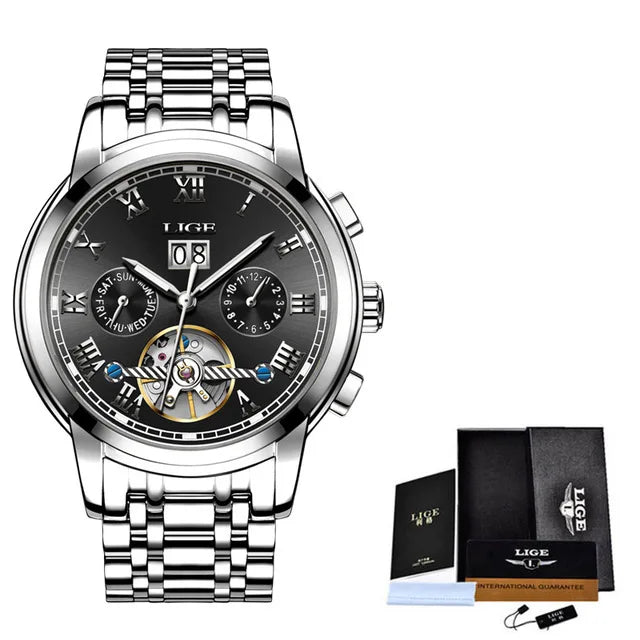 LIGE Luxury Mens Watches Automatic Watch for Men Tourbillon Wristwatch Waterproof Mechanical Watch Date Clock Relogio Masculino