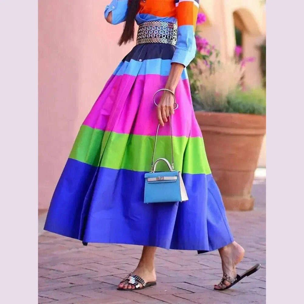 Modigirl Women's Contrast Color Striped Shirt Dress 2024 Summer Autumn Casual Pleated Dress Vacation Woman Dresses