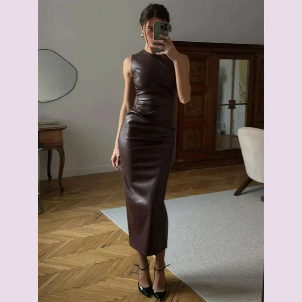 Tossy PU Sexy Fashion Maxi Dress For Women High Waist Sleeveless Slim Patchwork Solid Skinny Streetwear Female Bodycon Dress New