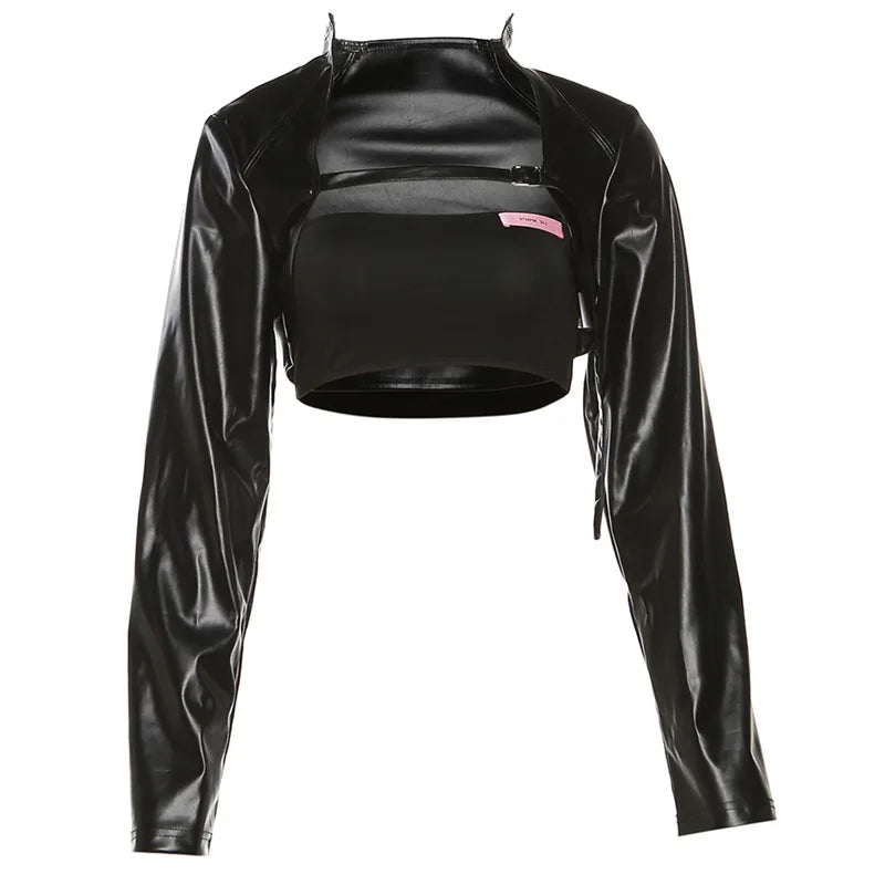 BOOFEENAA Crop PU Leather Jacket Women with Tube Top Two Piece Set Streetwear Fashion Black Coats Winter Clothes C71-CH22