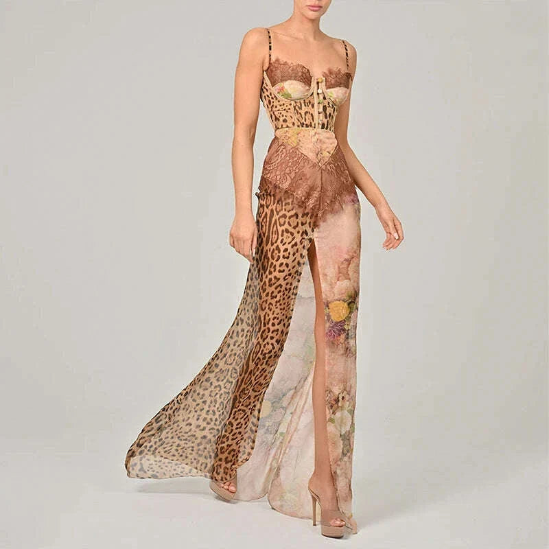 Summer Beach Leopard Print Dress Sexy Lace Split Patchwork Chiffon Dresses Women Elegant Sleeveless Backless Beach Evening Gowns
