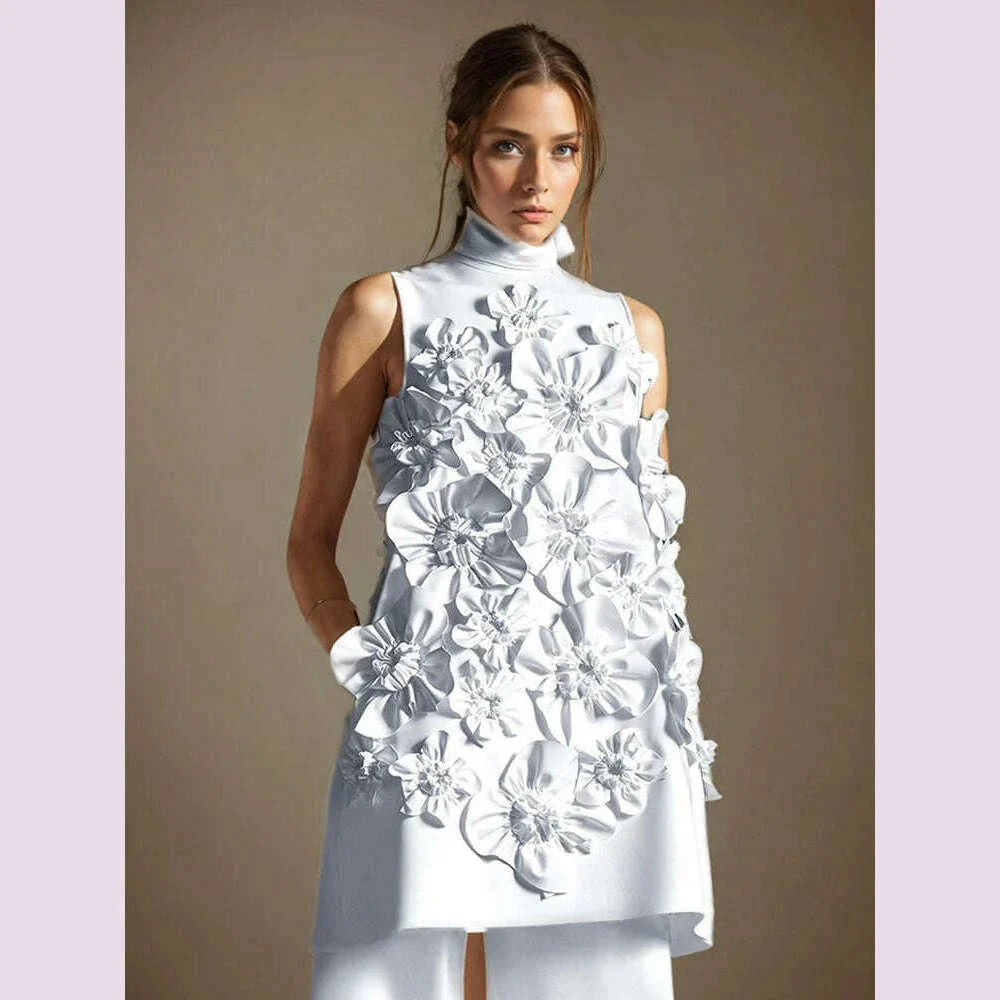 TWOTWINSTYLE Soild Slimming Dresses For Women Stand Collar Sleeveless Patchwork Appliques DesignerDress Female Fashion Clothes