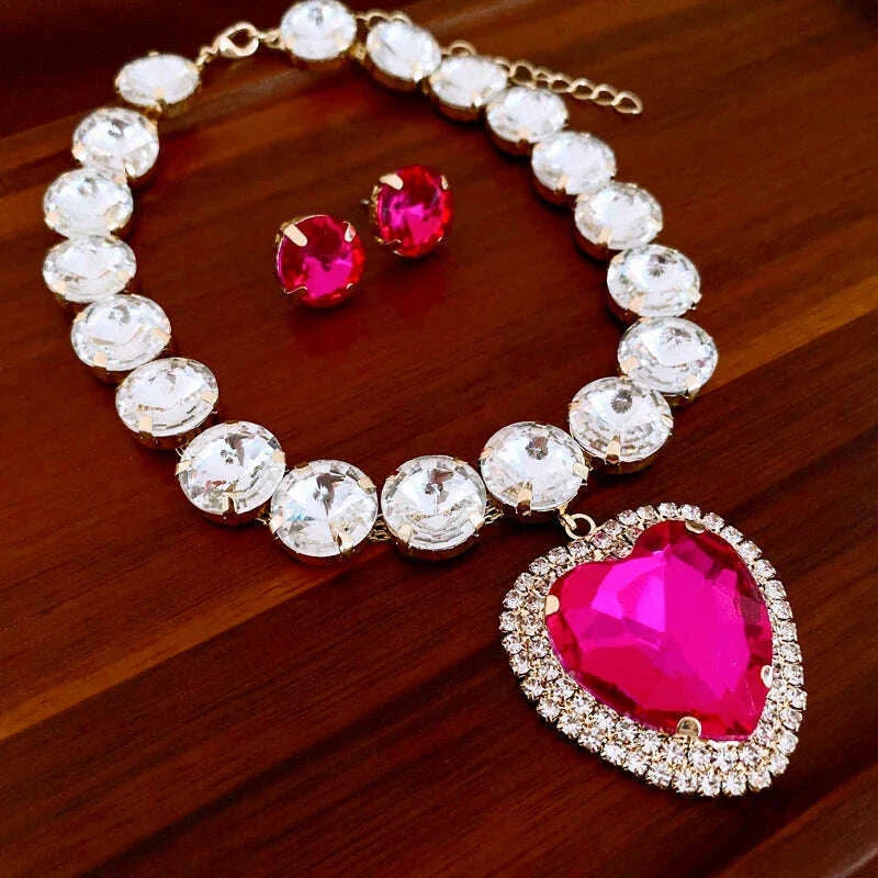 Romantic Heart Pendant Necklace Earrings Set Luxury Rhinestone Necklace Stud Earrings Jewelry Sets For Party Wedding Bridal