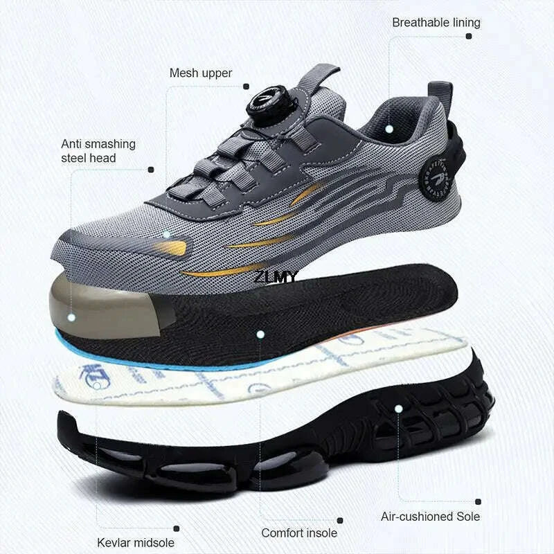 Rotary Button Safety Shoes Men Steel Toe Sneakers Puncture Proof Work Safety Boots Air Cushion Sport Work Shoes Anti-smash Boots