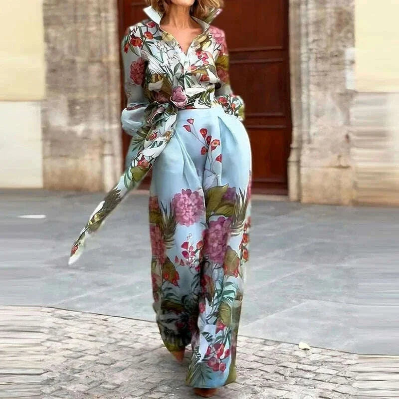 2024 Fashion Lace Up Party Outfit Elegant Pattern Print Autumn 2 Piece Sets Casual Lapel Lantern Sleeve Shirt + Long Skirt Suit