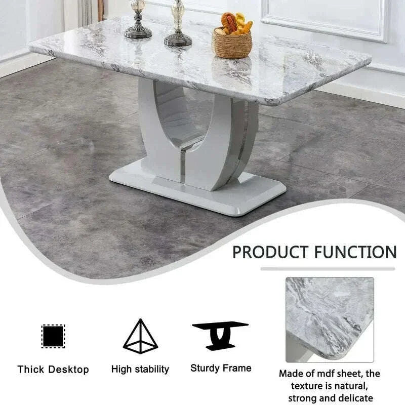 63-Inch Rectangular Marble Dinner Table for 6 - Imitation Marble Grain for Kitchen and Dining Room, Grey Finish