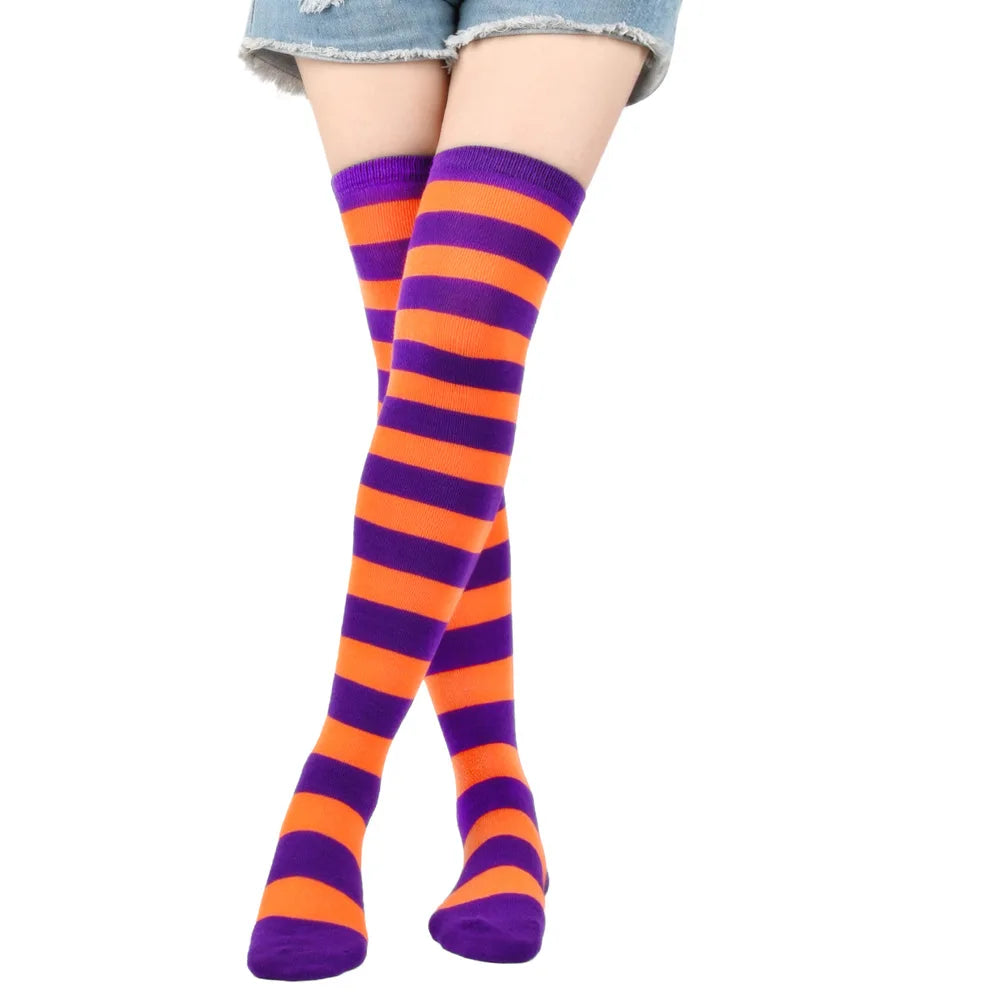 Wide Striped Stockings Women Over Knee High Long Socks Christmas Halloween Cosplay Anime Performance Party Gifts Socks Colorful