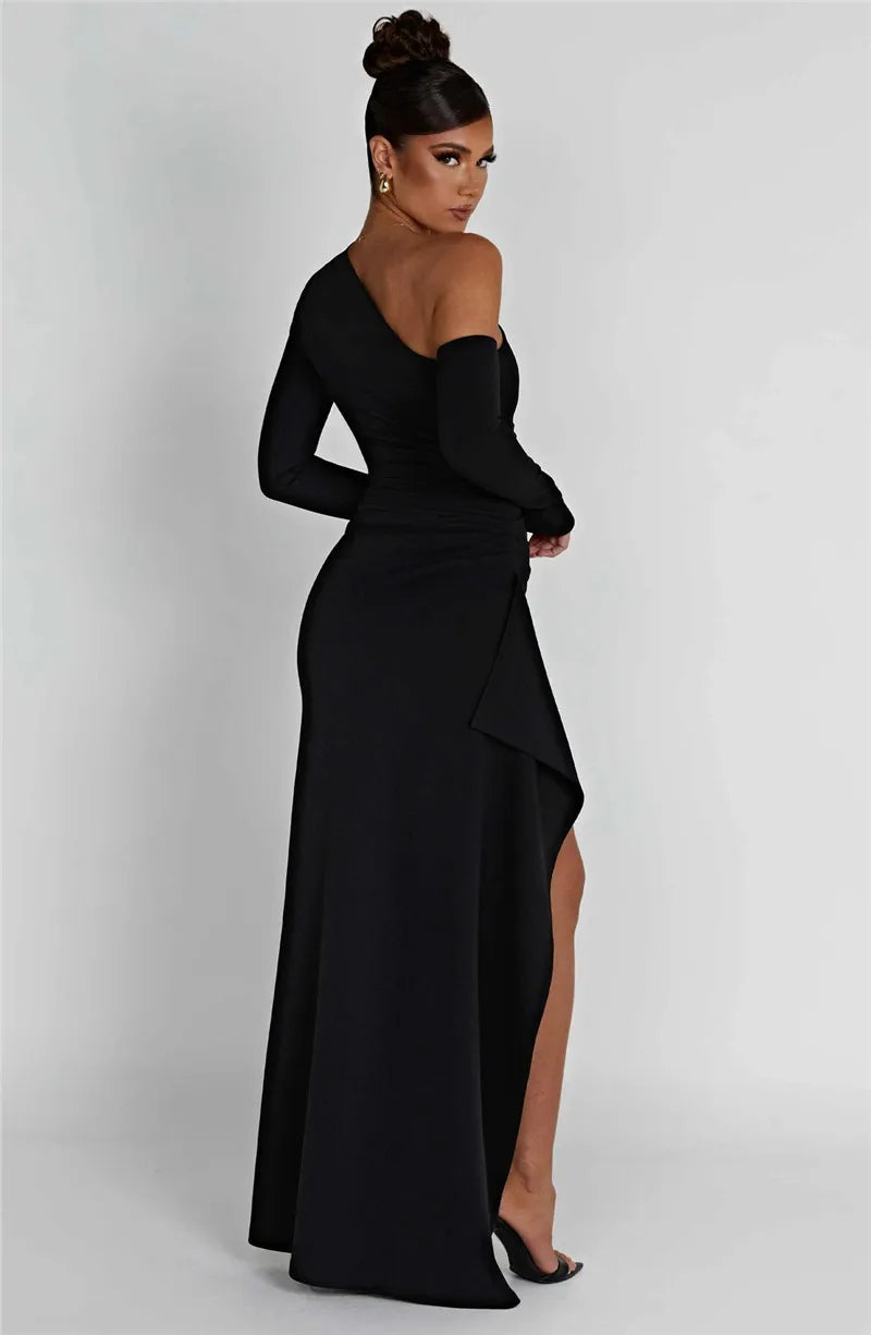 Mozision Oblique Shoulder Thigh High Split Maxi Dress Women Long Sleeve Backless Bodycon Sexy Club Party Long Dress Vestidos