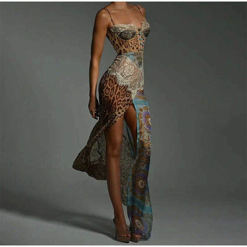 Summer Beach Leopard Print Dress Sexy Lace Split Patchwork Chiffon Dresses Women Elegant Sleeveless Backless Beach Evening Gowns