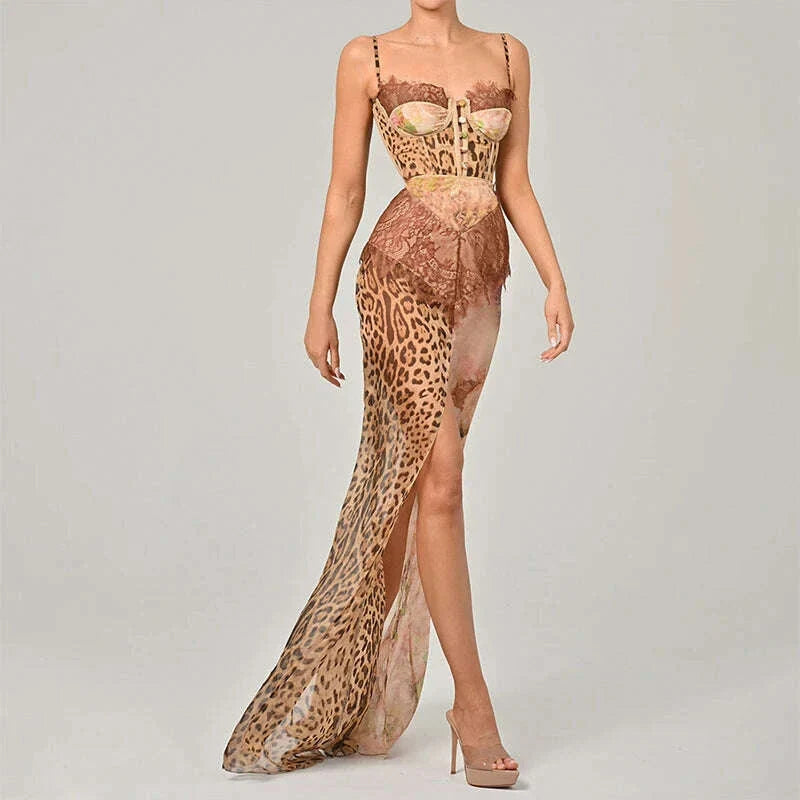 Summer Beach Leopard Print Dress Sexy Lace Split Patchwork Chiffon Dresses Women Elegant Sleeveless Backless Beach Evening Gowns