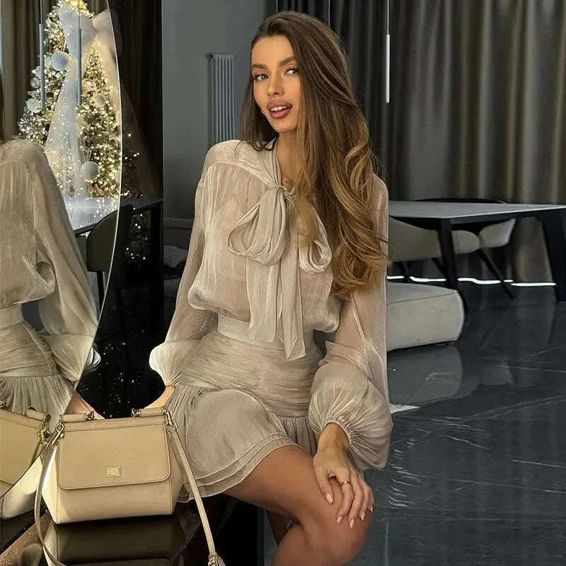 Bow Lace Up Top Pleated Short Skirt Two Piece Sets Casual Fashion Shirt Glitter Blouse High Waist Half Skirts Women's Clothing
