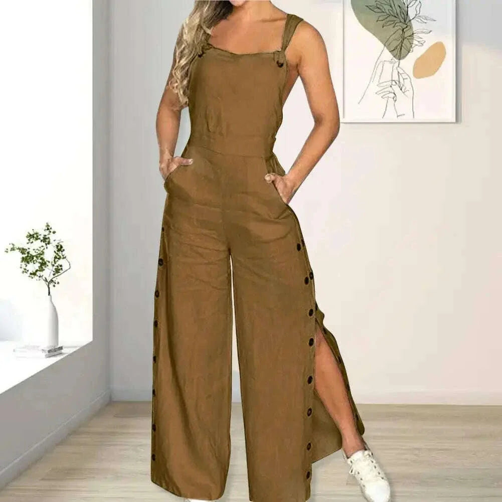 Women's Sleeveless Wide Leg Jumpsuit with Side Pockets And Button Solid Color Loose Straight-Leg Romper for Women Summer Outfit