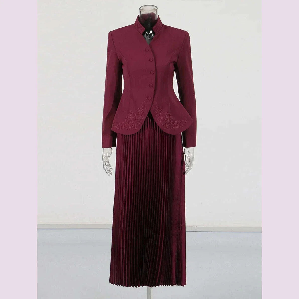 TWOTWINSTYLE Solid Two Piece Set For Women Stand Collar Long Sleeve Spliced Button Tops High Waist Skirt Chic Set Female Fashion
