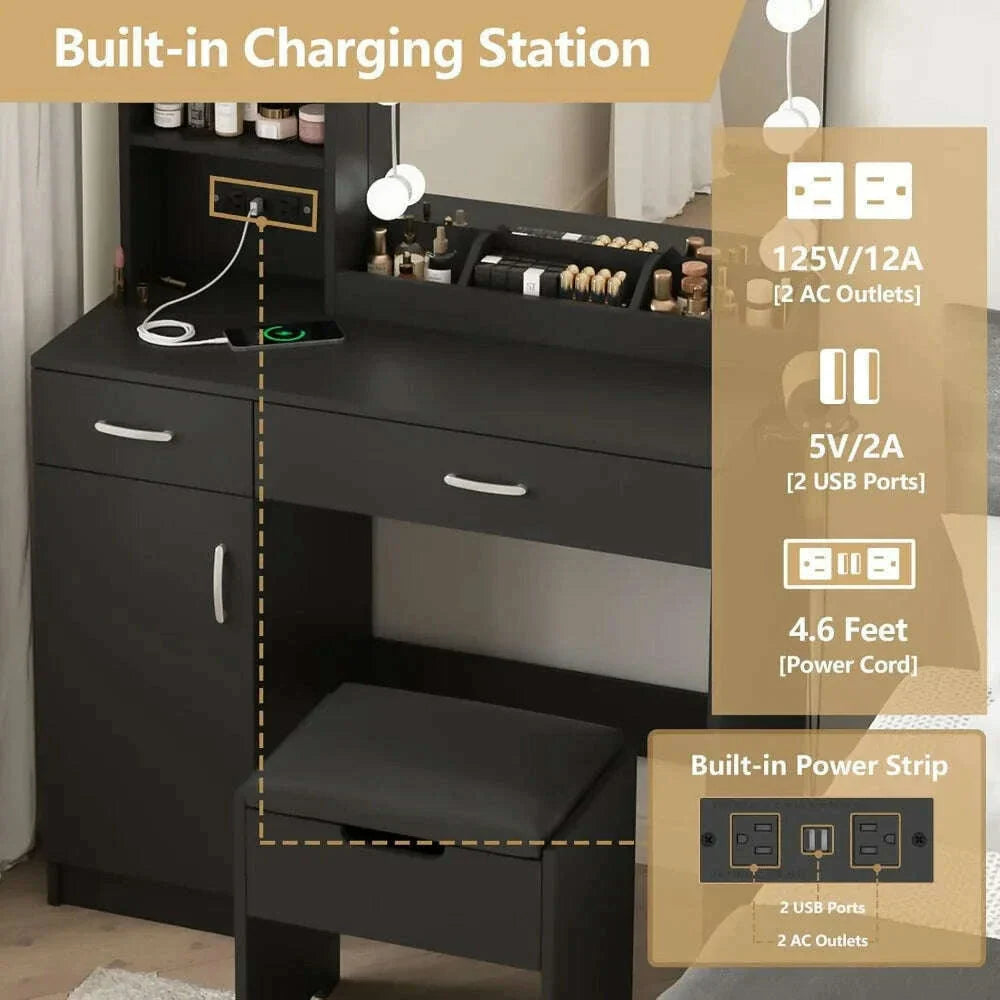 Dressing Table, Makeup Vanity Desk with Lighted Mirror & Power Strip, Black Vanity Table Set with Lights and Lots Storage