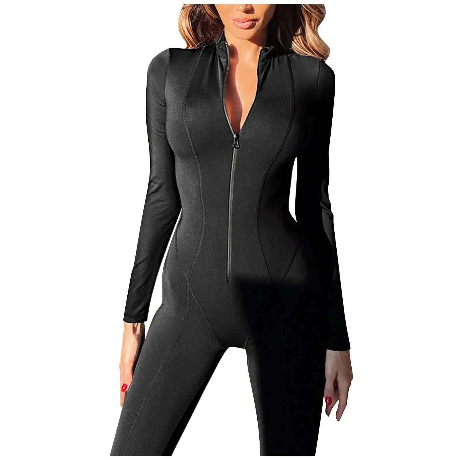 Stitching Sports Slim Casual Jumpsuit Full Length For Women Sport Yoga Knitted Round Neck Zipper Long Sleeve Women'S Jumpsuit