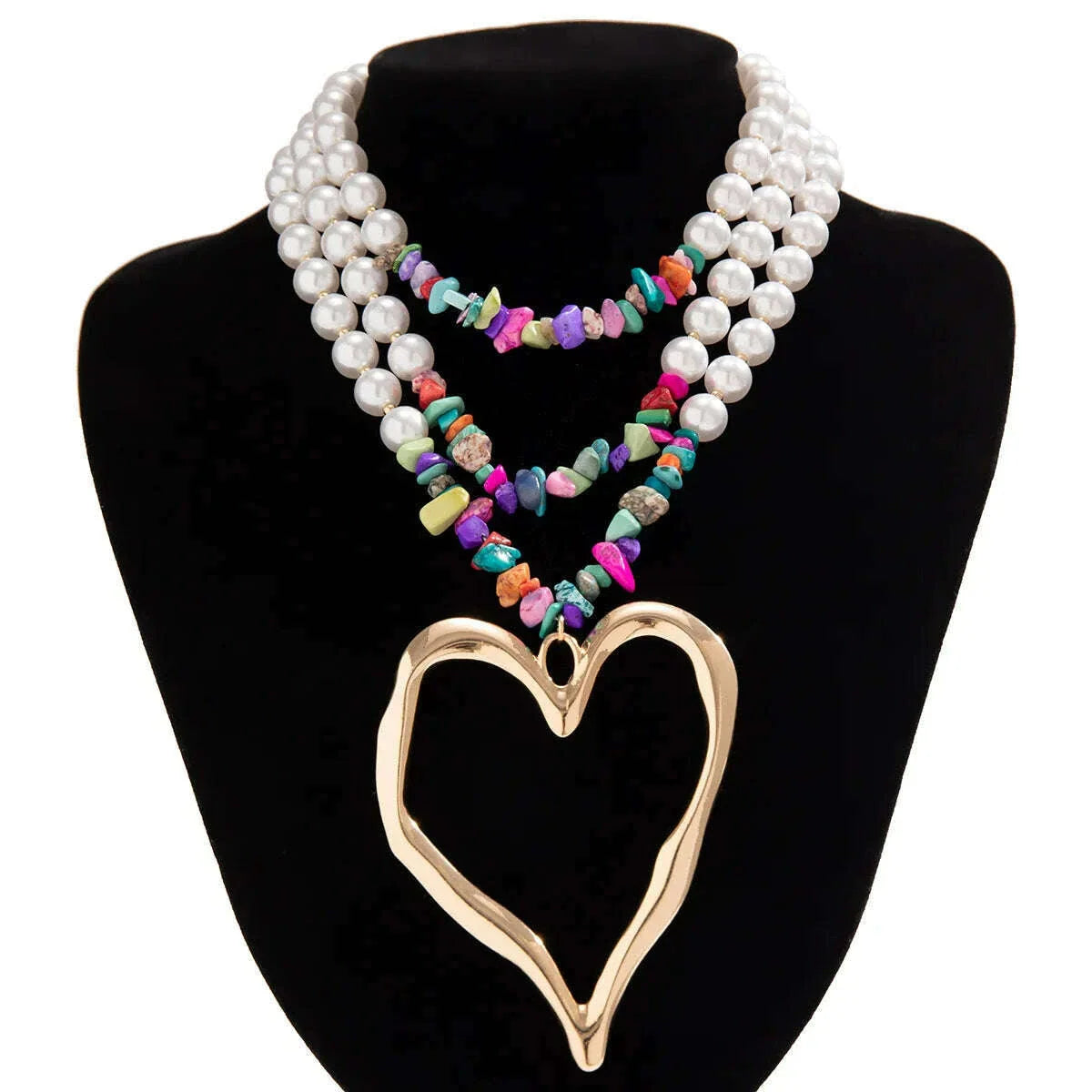 KMVEXO Exaggerated Pearl Bead Chain Necklace for Women Hollow Heart Gothic 2024 New Trendy Choker Neck Jewelry Steampunk Men