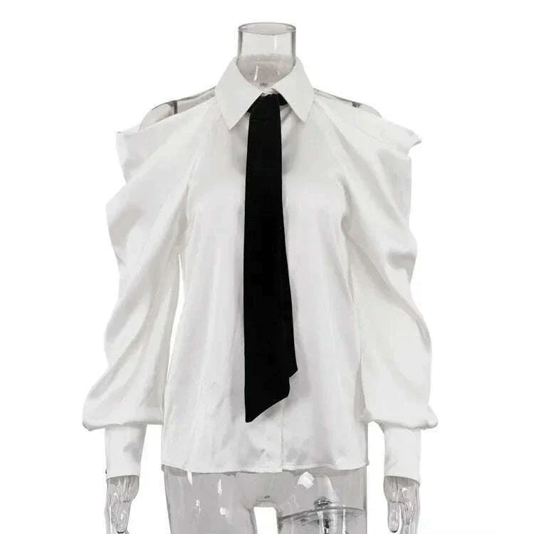 TWOTWINSTYLE Solid Loose Spliced Hollow Out Blouse for Women Lapel Long Sleeve Patchwork Single Breasted Top Female Clothing New