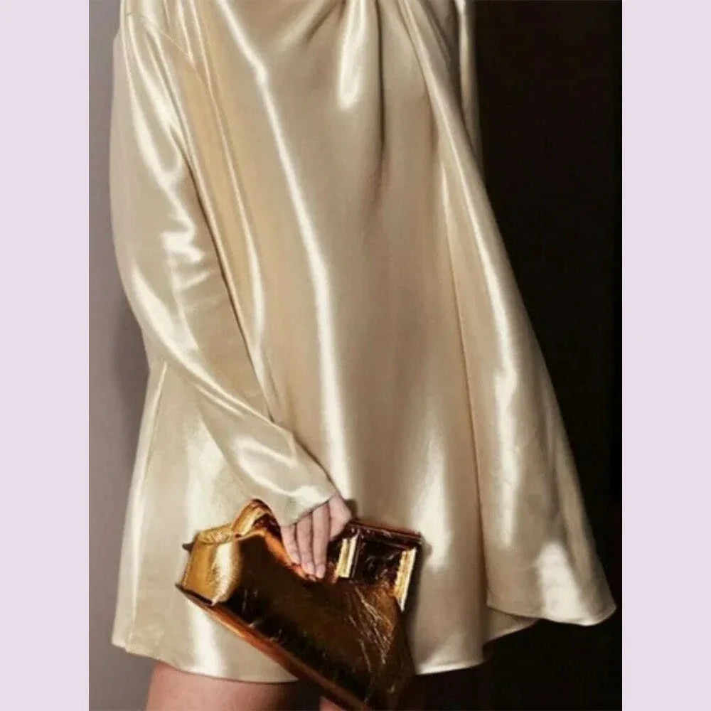 Bonboho Women's Elegant Dress High Neck Long Sleeves Pleated Dress 2025 Summer New Champagne Above Knee Evening Dresses