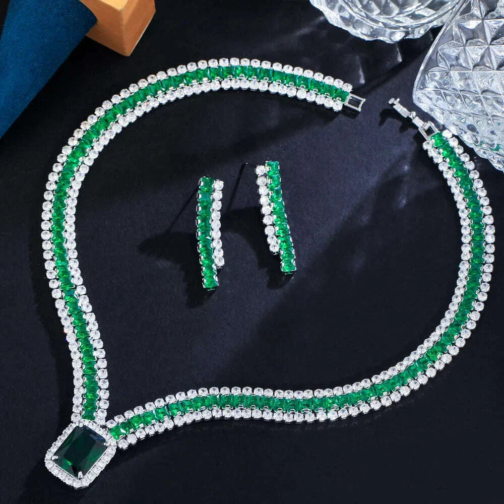 ThreeGraces Elegant Green Cubic Zirconia Big Geometric Square CZ Necklace and Earrings Luxury Party Jewelry Set for Women TZ936