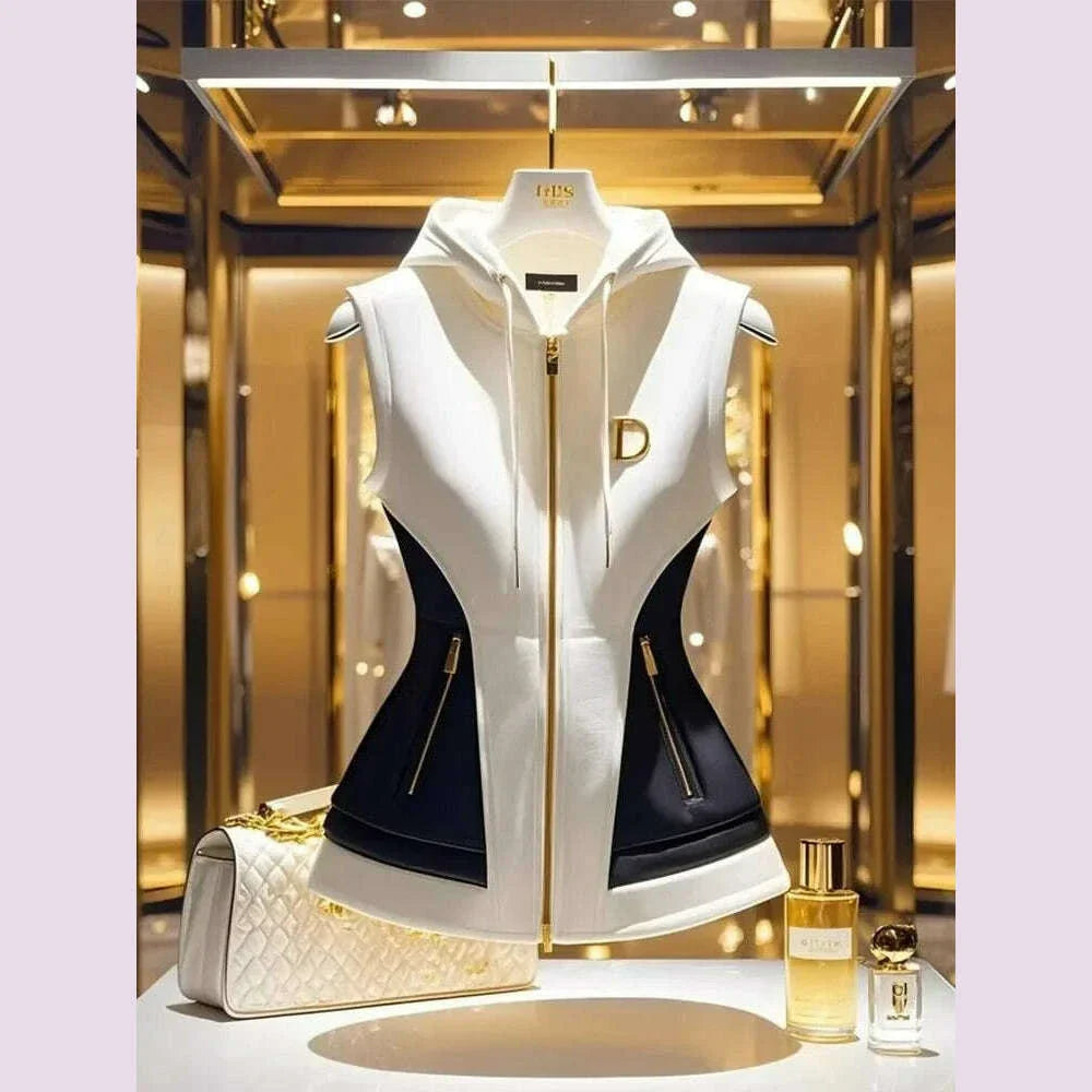 New Spring French Elegant High End Hooded Vest Coat Women Contrast Color Zipper Slim Jacket Temperament Ladies Causal Outwear