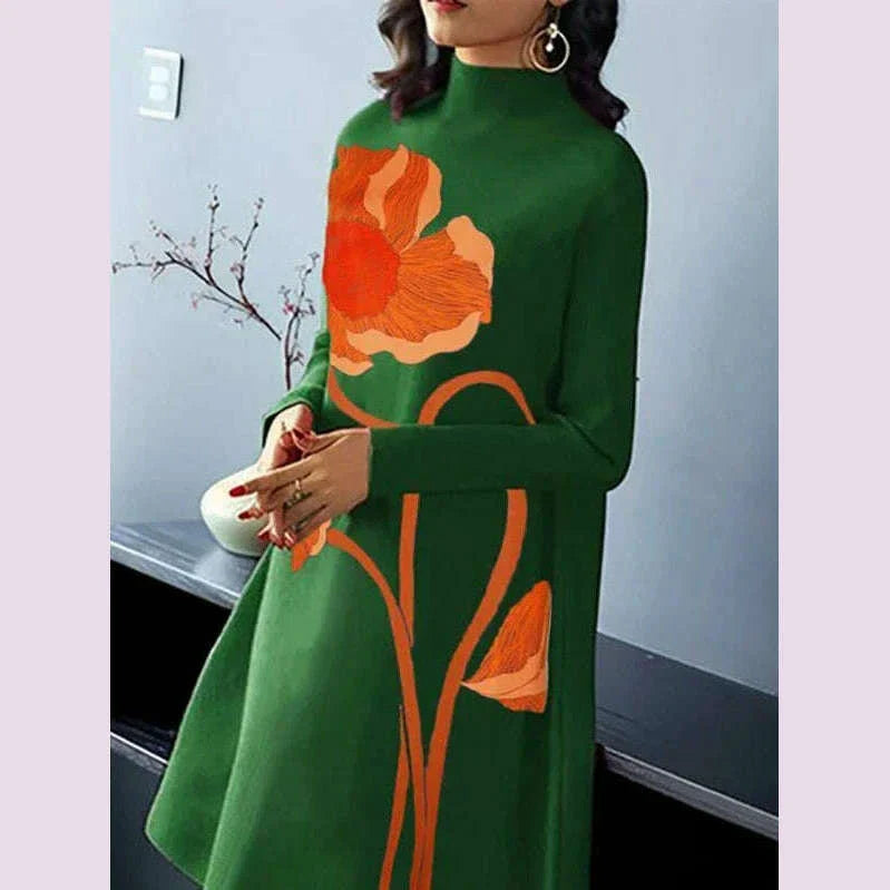 Gymystars Flower Print Midi Dresses Urban Long Sleeves Dress for Women Casual Loose A-Line Zipper High Neck Green Party Dresses