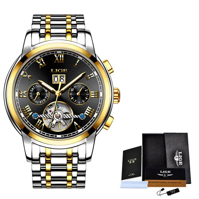 LIGE Luxury Mens Watches Automatic Watch for Men Tourbillon Wristwatch Waterproof Mechanical Watch Date Clock Relogio Masculino