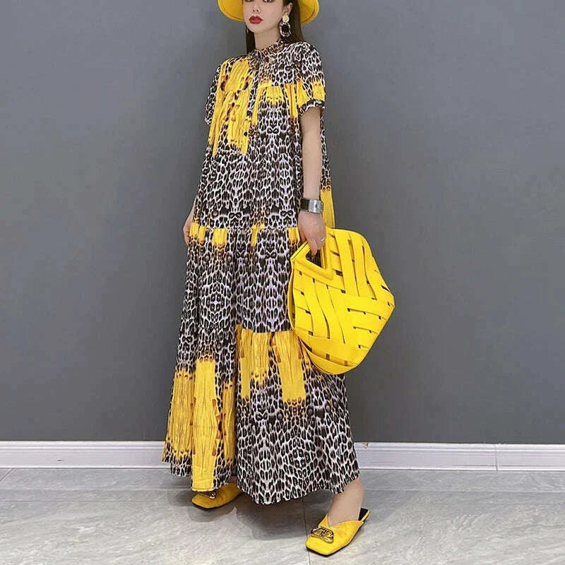 Korean Style Painted Short-Sleeve Casual Loose Big Size Yellow Red Blue Leopard Long Dress Summer Boho Print Dress Robe JJXD071