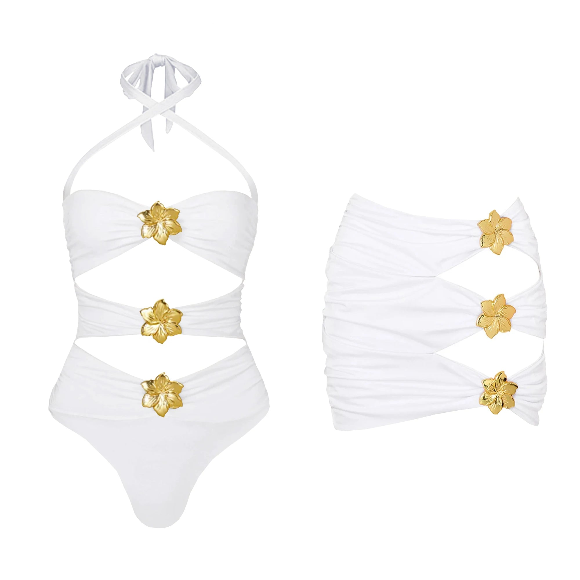 2025 Hot Sale Flower Women One Piece Swimsuit With Skirt Sexy Cut Out Swimwear Mujer Monikini Bathing Suit Lady Beach Suit