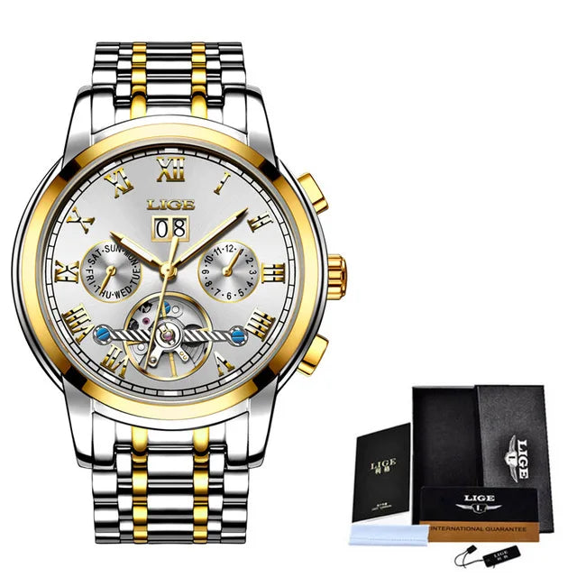 LIGE Luxury Mens Watches Automatic Watch for Men Tourbillon Wristwatch Waterproof Mechanical Watch Date Clock Relogio Masculino