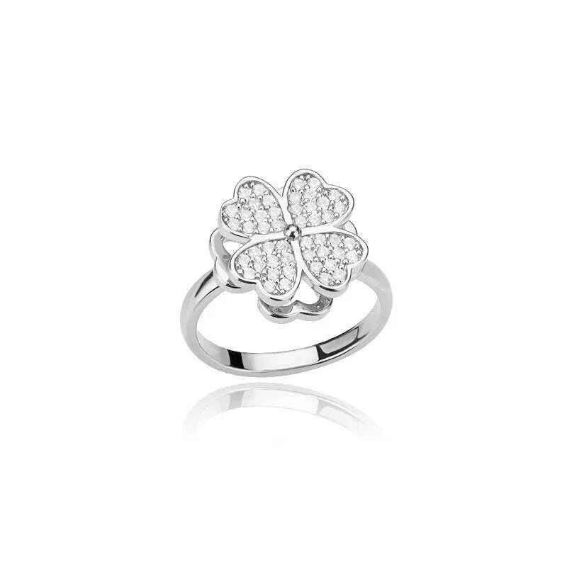 Spinner Zircon Heart Four Leaf Clover Rings For Women Stainless Steel Anti Stress Anxiety Fidget Ring Jewelry Christmas Gift