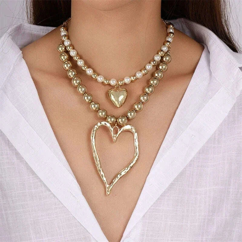 Exaggerated Hollow Big Heart Pendant Necklace for Women Girls CCB Ball Beads Necklace Party Club Punk Jewelry Gifts