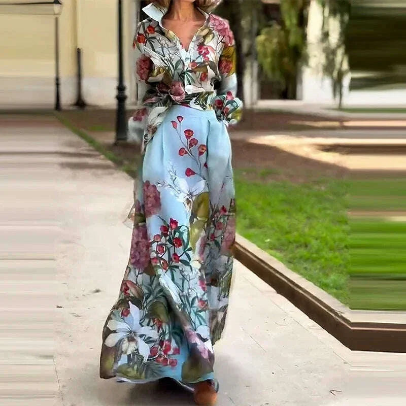 2024 Fashion Lace Up Party Outfit Elegant Pattern Print Autumn 2 Piece Sets Casual Lapel Lantern Sleeve Shirt + Long Skirt Suit
