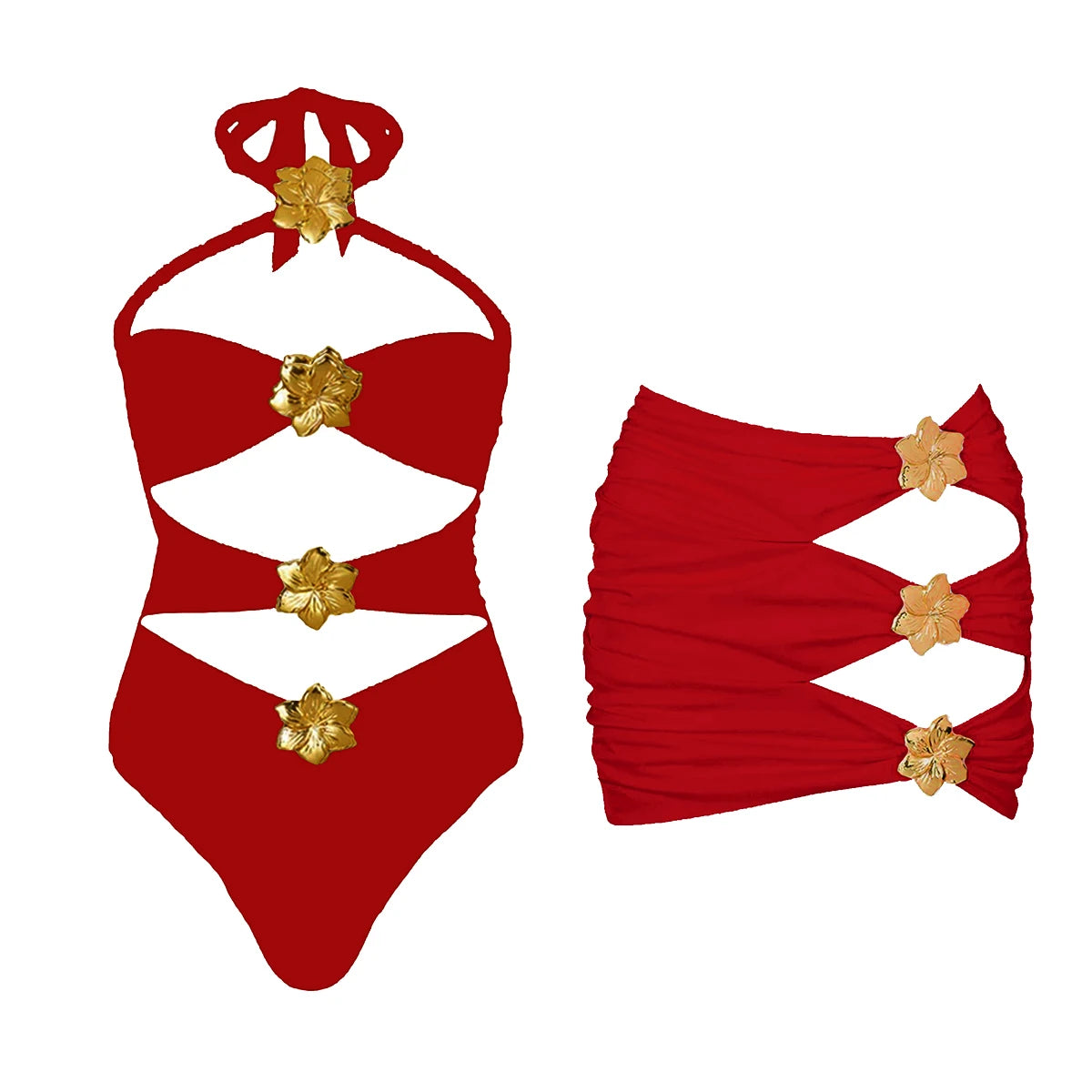2025 Hot Sale Flower Women One Piece Swimsuit With Skirt Sexy Cut Out Swimwear Mujer Monikini Bathing Suit Lady Beach Suit