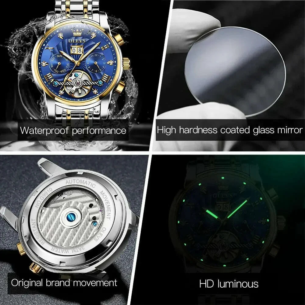 OLEVS 9910 Tourbillon Automatic Watch for Men Luxury Skeleton Men's Mechanical Wristwatch Stainless Steel Top Original Man Watch