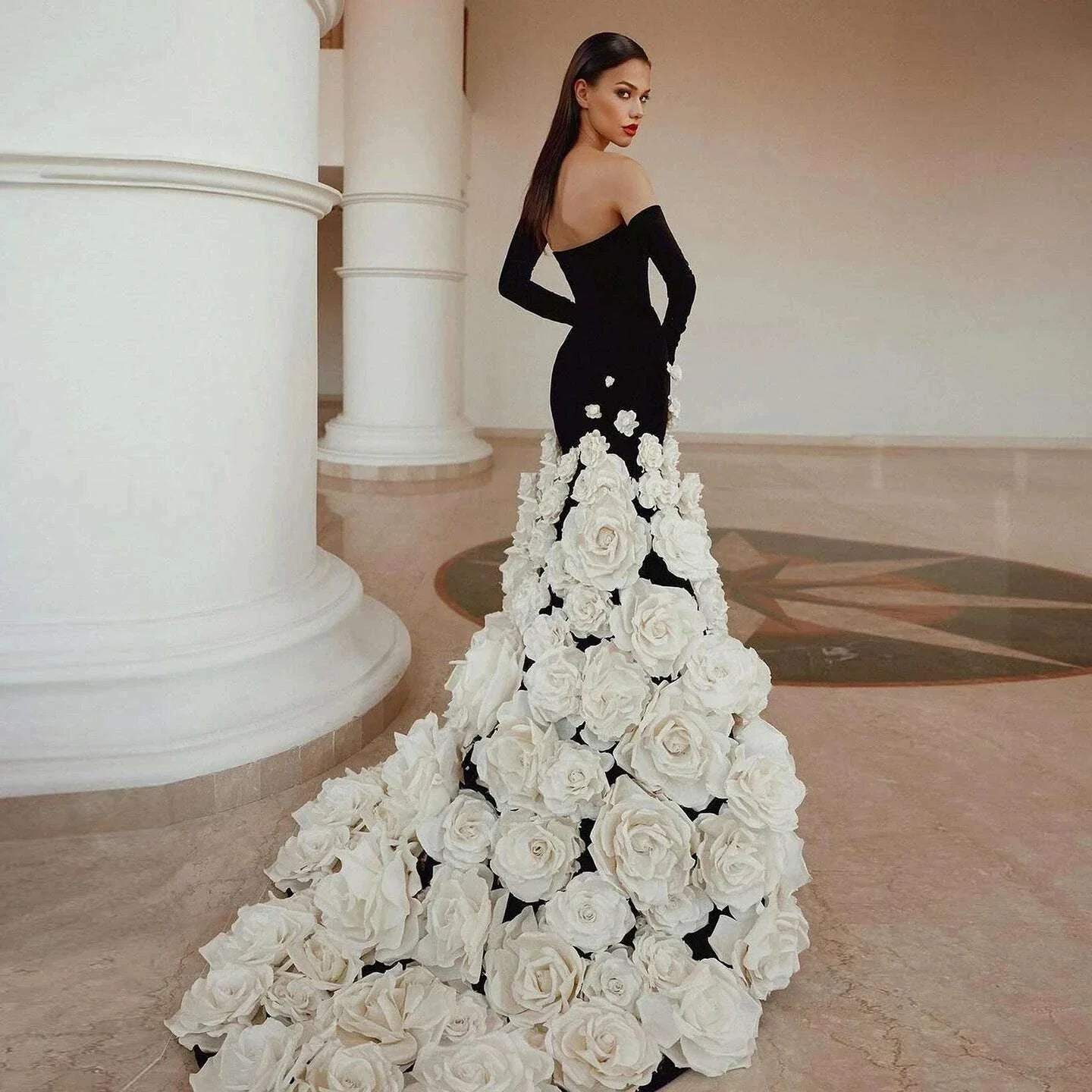 Sharon Said Luxury Dubai Black Velvet Strapless Evening Dress with Gloves 3D Flowers Women Wedding Party Gowns SS248 Customized