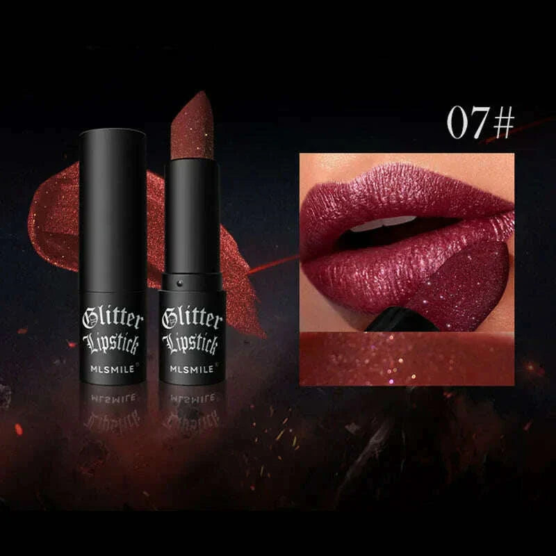 6Colors Glitter Lipstick Waterproof Long Lasting Diamond Pearlescent Metallic Lipstick Black Lipgloss Women Lips Makeup Cosmetic